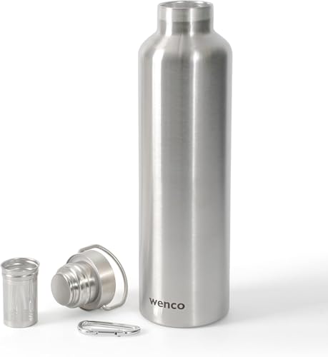 wenco Trinkflasche Edelstahl 1l / 1000ml isoliert und auslaufsicher für kalte und heiße Getränke auch als Thermoskanne verwendbar – mit Teesieb – BPA frei – silber von wenco