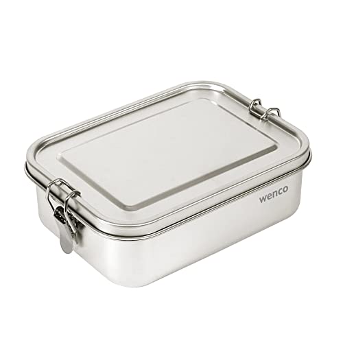 wenco Premium Lunchbox aus Edelstahl, Mit 2 Fächern, Brotdose mit 850 Ml Fassungsvermögen (1 Netto-Inhalt), Wasserdicht, Spülmaschinengeeignet, inkl. Ersatz-Silikonring, 18,5 x 14 x 5,5 cm, Silber von wenco