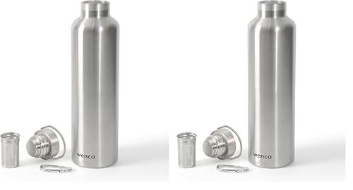 wenco Trinkflasche Edelstahl 1l / 1000ml isoliert und auslaufsicher für kalte und heiße Getränke auch als Thermoskanne verwendbar – mit Teesieb – BPA frei – silber (Packung mit 2) von wenco