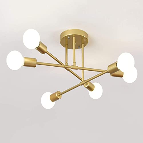 wenppran Leuchter Retro ein Sputnik Schlafzimmer Halb versenkt Industriell Deckenleuchte Metall E27 Modern Gold 6 Lichter Einplattieren Deckenleuchte zum Wohnzimmer Schlafzimmer von wenppran