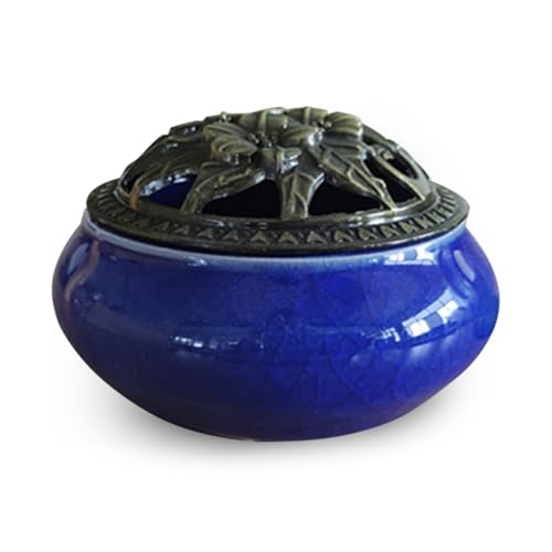 Wenrescry Keramik-Räuchergefäß mit Lotus-Muster und blauem Keramikkörper, inklusive 10 natürlichen Räucherstäbchen, feuerfester Matte und Messing-Kürbis-Räucherstäbchenhalter – perfekt für Zuhause, von wenrescry