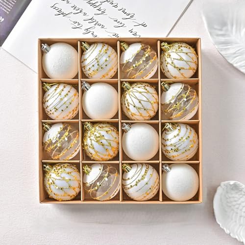 16-teiliges Weihnachtskugel-Ornament-Set, elegant, weiß und gold, glitzernd, bruchfester Kunststoff, 5,9 cm Durchmesser, Geschenkbox, dekorative Weihnachtsbaumgirlande, Tischdekoration (XM0016S – Weiß 16-teiliges Weihnachtskugel-Ornament-Set, elegant, weiß und gold, glitzernd, bruchfester Kunststoff, 5,9 cm Durchmesser, Geschenkbox, dekorative Weihnachtsbaumgirlande, Tischdekoration (XM0016S – Weiß von wenyouya
