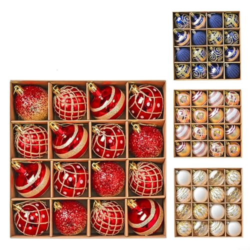 16-teiliges Weihnachtskugel-Ornament-Set, elegant, weiß und gold, glitzernd, bruchfester Kunststoff, 5,9 cm Durchmesser, Geschenkbox, dekorative Weihnachtsbaumgirlande, Tischdekoration (XM0016S – Rot) von wenyouya