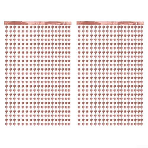 2x Herz Lametta Regen Vorhang 1x2m mit Herzakzenten Dekoschal für Valentinstag, Hochzeit, Verlobung und romantische Partys oder Feiern (Roségold) von wenyouya