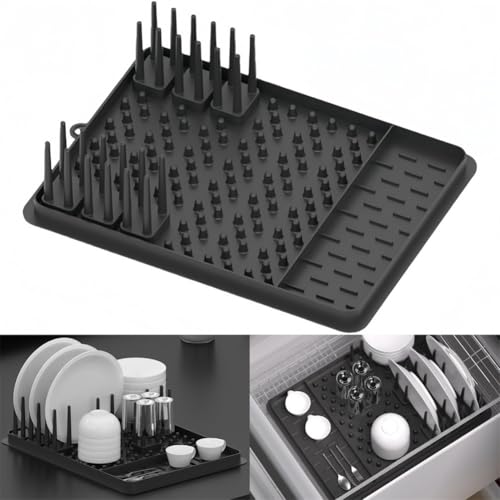 Abtropfgestell aus Silikon mit abnehmbarem Besteckhalter, faltbares platzsparendes Abtropfgestell für Küchengeschirr und Gemüse, wasserdichtes rutschfestes Design, spülmaschinenfest (schwarz) von wenyouya