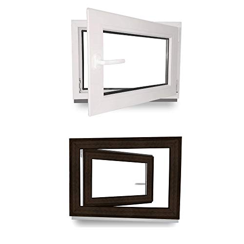 Kellerfenster - Fenster - Dreh- & Kippfunktion - innen weiß/außen Dark Oak - BxH: 50 x 50 cm - 500 x 500 mm - DIN Links - 2 fach Verglasung - 60 mm Profil von werkzeugbilligercom