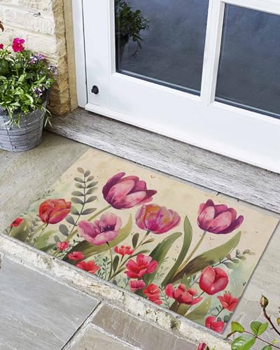 Fussmatte Rustikale Rote Blume Blätter Blume Tulpe Bauernhaus Schmutzabtreter Waschbar Fußmatte Innen Pflegeleicht Sauberlaufmatte Für Flure Außen 40×60Cm von wesdfrrrrt