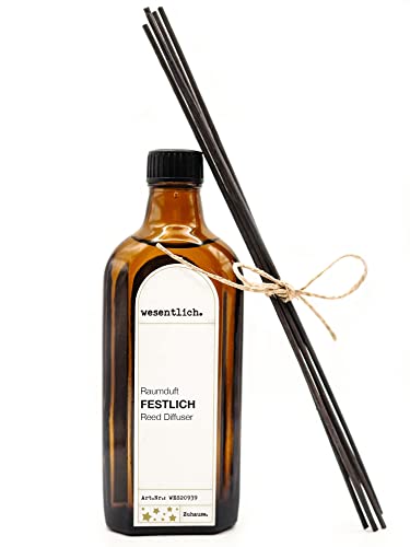 Reed Diffuser Raumduft festlich (200ml) inkl. 7 Kapillarstäbchen - dekorativer Raumduft von wesentlich. in der Apothekerflasche von wesentlich.