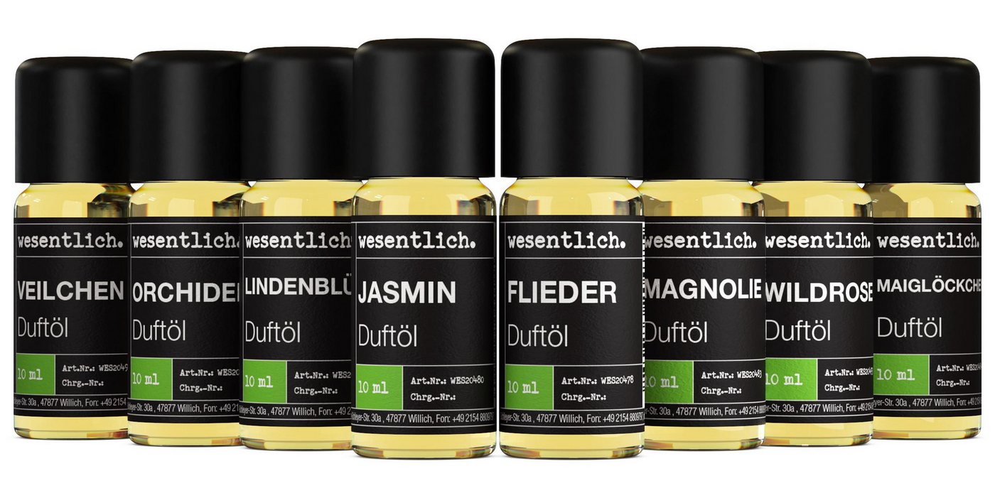 wesentlich. Duftlampe "aufgeblüht" - ein Set aus 8 ausgewählten Duftölen (8er Set, 8 St., für Duftlampe und Diffuser 8x10ml), feine Duftöle von wesentlich.