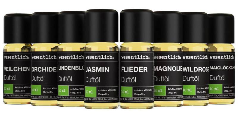 wesentlich. Duftlampe "aufgeblüht" - ein Set aus 8 ausgewählten Duftölen (8er Set, 8 St., für Duftlampe und Diffuser 8x10ml), feine Duftöle von wesentlich.