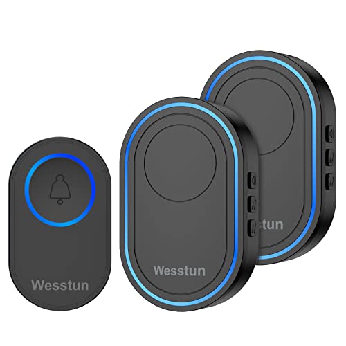 Wesstun Funkklingel, Türklingel Funk Set mit 2 Empfängern, IP67 Aussen Wasserdicht Haustür Klingel, 2 Plug in Empfänger mit 39 Klingeltönen und 5-stufiger Lautstärkeregelung, Schwarz von wesstun