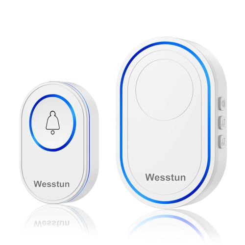 Wesstun Funkklingel, Wireless Türklingel mit 39 Lauten Melodien & 5 Lautstärkepegeln, Türklingel mit großer Reichweite, IP67 Aussen Wasserdicht Haustür Klingel, Einfache Installation zu Hause, Weiß von wesstun