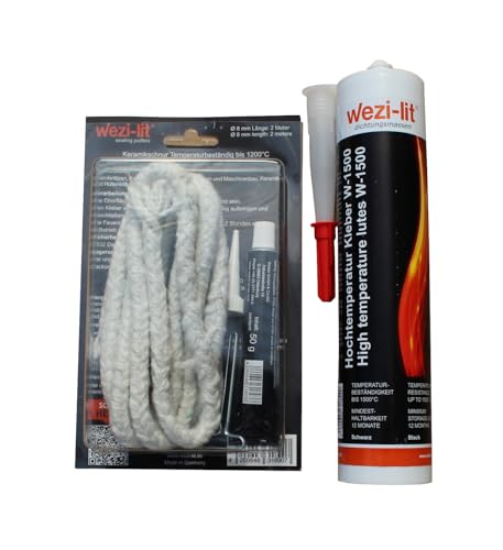 Keramikschnur Ø 8mm 2m + Ofenschnur Kleber 50g -1200° + Hochtemperatur Dichtmasse 310ml -1500° Keramikschnur Ø 8mm 2m + Ofenschnur Kleber 50g -1200° + Hochtemperatur Dichtmasse 310ml -1500° von wezi-lit