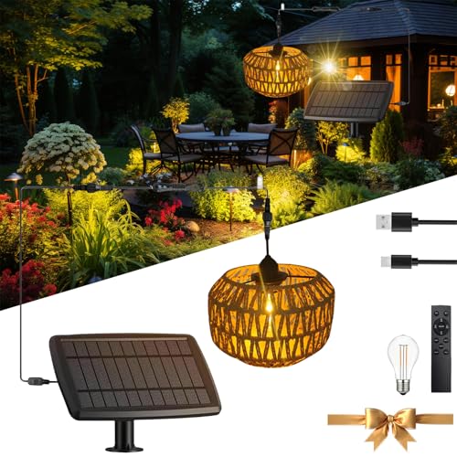 Solar Hängelampe Outdoor Rattan Solar Rattan Hängelampe Outdoor Groß Einstellbare Helligkeit Und 2/4/6/8-Stunden Timing,Solarlampe Boho Rattan Lampenschirm Pendelleuchte Garten (1 LIGHT) von wgzixezn