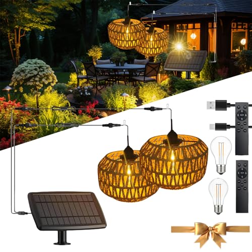 Solar Hängelampe Outdoor Rattan Solar Rattan Hängelampe Outdoor Groß Einstellbare Helligkeit Und 2/4/6/8-Stunden Timing,Solarlampe Boho Rattan Lampenschirm Pendelleuchte Garten (2 LIGHTS) von wgzixezn