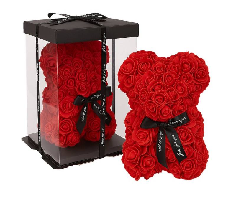 what the shop Dekofigur Rosen-Bär–25x16x16 cm, roter Dekobär in Geschenkbox, Geschenk (1 St), Ewige Rosenliebe – stilvoll verpackt verschenken von what the shop