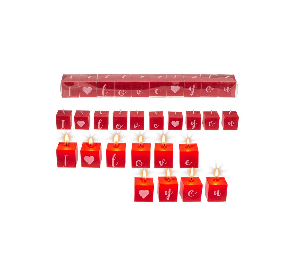 what the shop Stumpenkerze Kerzenblock „I love you“–10er Set, rot, 3x3 cm, Geschenk & Deko, Liebevoller Kerzengruß mit Herz & Stil von what the shop