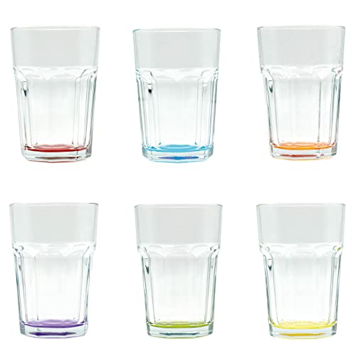 what the shop Trinkglas, Cocktailglas, Wasserglas, Caipirinha Glas farbige Böden Gläser Farbiger Boden Transparent (300ml Füllmenge Mehrfarbig, 6 Stück - Spülmaschinenfest von what the shop