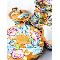 Wunderschönes Handbemaltes Florales 21-Teiliges Vergoldetes Tee-Set Mit 6 Tassen + Untertassen Und Kuchentellern Sahne Zucker von whatadishcollection