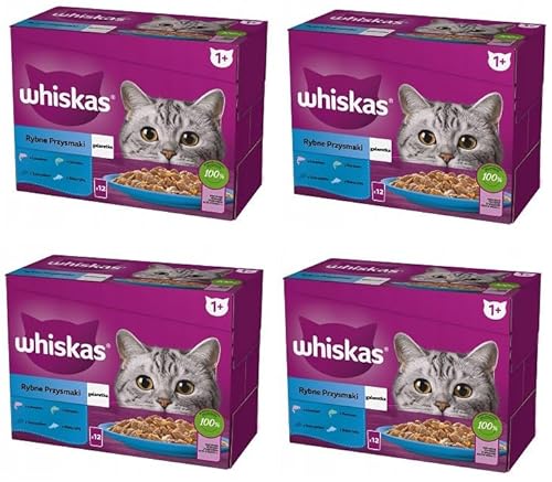 Whiskas Adult 1+ Katzennassfutter Fisch Auswahl in Gelee, 4x12x85g (48 Portionsbeuteln) – Hochwertiges Nassfutter für ausgewachsene Katzen von whiskas