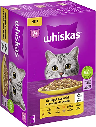 Whiskas 7+ Katzenfutter Geflügel Auswahl in Gelee, 12x85g (1 Packung) – Hochwertiges Nassfutter ab dem 7. Lebensjahr in 12 Portionsbeuteln von whiskas