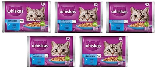 Whiskas Adult 1+ Fisch-Auswahl in Gelee mit Lachs und Thunfisch, 20 Portionsbeutel, 5x4x85g, Hochwertiges Nassfutter für ausgewachsene Katzen von whiskas