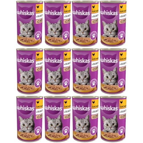 Whiskas Adult 1+ Katzenfutter Nassfutter mit Huhn in Gelee, 12 Dosen (12 x 400g) von whiskas