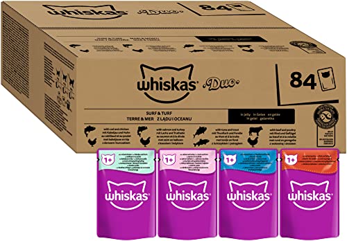 Whiskas Adult 1+ Katzennassfutter Tasty Duo Surf & Turf in Gelee, 84 Portionsbeutel, 84x85g (1 Großpackung) – Hochwertiges Katzenfutter nass, für ausgewachsene Katzen von whiskas