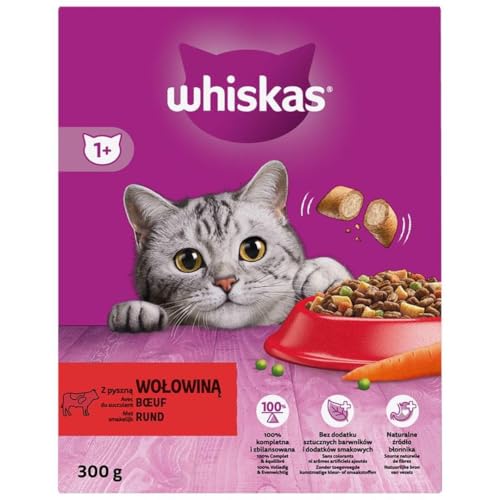 Whiskas Adult 1+ Katzentrockenfutter für Erwachsene Katzen mit Rind 2er Pack (2 x 300 g) im Karton von whiskas