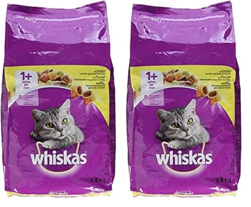 Whiskas Adult 1+ Trockenfutter Huhn, 3,8kg Katzentrockenfutter für Erwachsene Katzen - unterschiedliche Produktverpackungen erhältlich (Packung mit 2) von whiskas