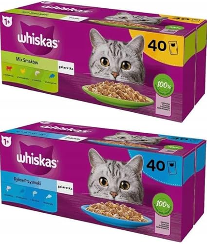 Whiskas Nassfutter für ausgewachsene Katzen Geschmacksmischung in Gelee 80 Beutel à 85 g (2-er Pack) Fisch- und Gemischte Auswahl von whiskas