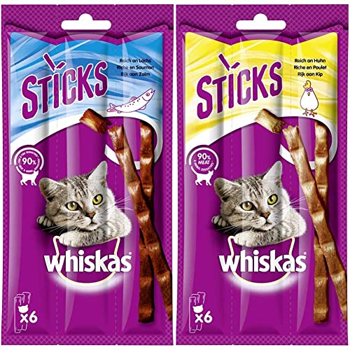 Whiskas Sticks – Katzensnack mit Lachsgeschmack – Unwiderstehliches Geschmackserlebnis – Viele Vitamine und Mineralstoffe – 14 x 36g & Sticks – Katzensnack mit Hühnchengeschmack – 14 x 36g von whiskas