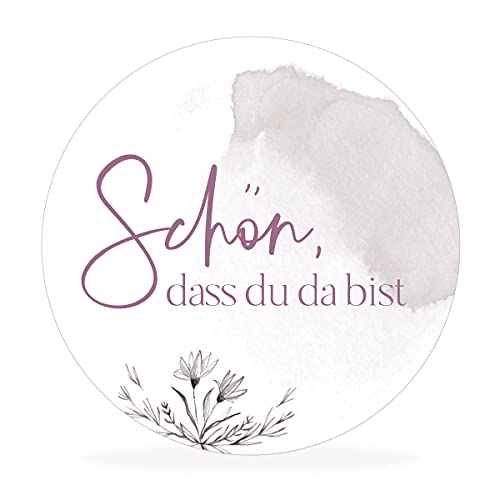 white & ivory 10 runde Aufkleber, Sticker "SCHÖN DASS DU DA BIST" | rosé | 4cm Durchmesser | Gastgeschenke für Hochzeit Taufe Geburtstag | selbstklebend | stilvolles Design von white & ivory