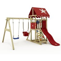 Klettergerüst Spielturm DinkyStar für Kleinkinder mit Rutsche und Kinderschaukel, Babyschaukel mit Sicherheitsgurten, 10 Jahre Garantie - rot - Wickey von wickey