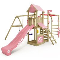 Klettergerüst Spielturm Smart Baboon mit Schaukel & Rutsche, Kletterturm mit Sandkasten, Leiter & Spiel-Zubehör – Pastellpink - Wickey von wickey