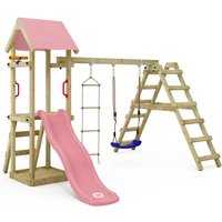 Spielhaus Spielturm TinyLoft mit Schaukel & Rutsche, Kletterturm mit Sandkasten, Leiter & Spiel-Zubehör – Pastellpink - Wickey von wickey
