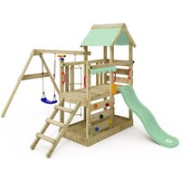 Spielhaus Spielturm TurboFlyer mit Schaukel & Rutsche, Kletterturm mit Sandkasten, Leiter & Spiel-Zubehör – Pastellgrün - Wickey von wickey