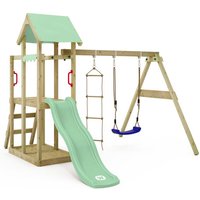 Spielturm Klettergerüst TinyPlace mit Schaukel & Rutsche, Kletterturm mit Sandkasten, Leiter & Spiel-Zubehör – Pastellgrün - Wickey von wickey