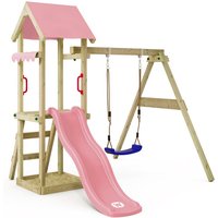 Spielturm Klettergerüst TinyWave mit Schaukel & Rutsche, Kletterturm mit Sandkasten, Leiter & Spiel-Zubehör – Pastellpink - Wickey von wickey