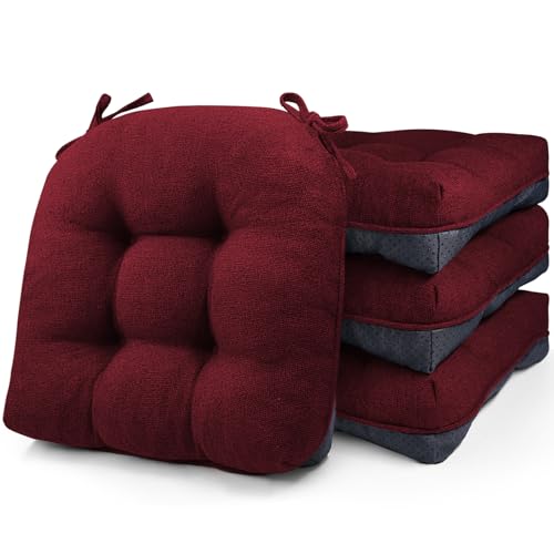 Stuhlkissen für Esszimmerstühle, 4er-Set, Memory-Schaum, Küchenstuhlkissen mit Bändern und rutschfester Unterseite, getuftete Stuhlkissen für Esszimmer, 40 x 40 x 10 cm, Rot Stuhlkissen für Esszimmerstühle, 4er-Set, Memory-Schaum, Küchenstuhlkissen mit Bändern und rutschfester Unterseite, getuftete Stuhlkissen für Esszimmer, 40 x 40 x 10 cm, Rot von widesmile