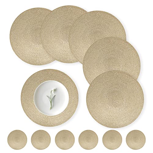 wiipara 12er Set Runde Tischsets Platzsets Abwaschbar, 34cm Gewebte Platzdeckchen Hitzebeständig mit Untersetzer, Tischset Platzset Gold Rund für Küche, Weihnachten, Party, Hochzeit (Gold) von wiipara