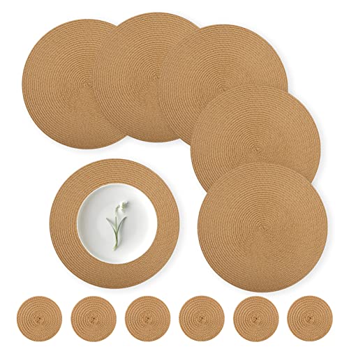 wiipara 12er Set Runde Tischsets Platzsets Abwaschbar, 34cm Gewebte Platzdeckchen Hitzebeständig mit Untersetzer, Tischset Platzset Gold Rund für Küche, Weihnachten, Party, Hochzeit (Hell Braun) von wiipara