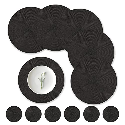 wiipara 12er Set Runde Tischsets Platzsets Abwaschbar, 34cm Gewebte Platzdeckchen Hitzebeständig mit Untersetzer, Tischset Platzset Schwarz Rund für Küche, Weihnachten, Party, Hochzeit (Schwarz) von wiipara