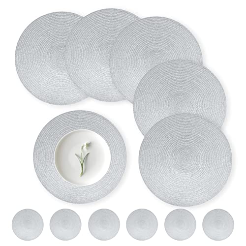 wiipara 12er Set Runde Tischsets Platzsets Abwaschbar, 34cm Gewebte Platzdeckchen Hitzebeständig mit Untersetzer, Tischset Platzset Silber Rund für Küche, Weihnachten, Party, Hochzeit (Silber) von wiipara