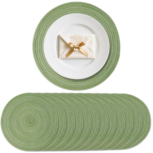 wiipara 12er Set Runde Platzsets Tischsets Abwaschbar, Geflochte Tischsets Rund Grün 38 cm, Schmutzabweisend, Hitzebeständig, Platzdeckchen Placemats rutschfest für Küche, Festlichkeiten, Weihnachten von wiipara