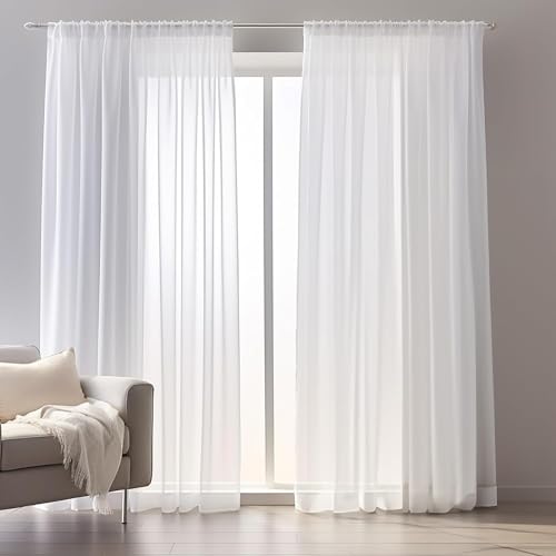 wiipara 2er Set Voile Gardinen Vorhang Weiß, Transparente Weiße Vorhänge Wohnzimmer Curtains aus Voile Polyester, Luftige Gardine Gardinenschals Dekoschal für Schlafzimmer, 132x160CM(BxH), Rod Pocket von wiipara