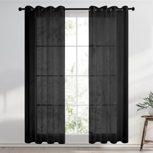 wiipara 2er Set Voile Gardinen mit Ösen, Transparente Vorhänge Wohnzimmer Ösenschal Dekoschal, Luftige Gardine Curtains Schlafzimmer Gardinenschals, Vorhang Schwarz 132x240CM(BxH), Ösenvorhang von wiipara