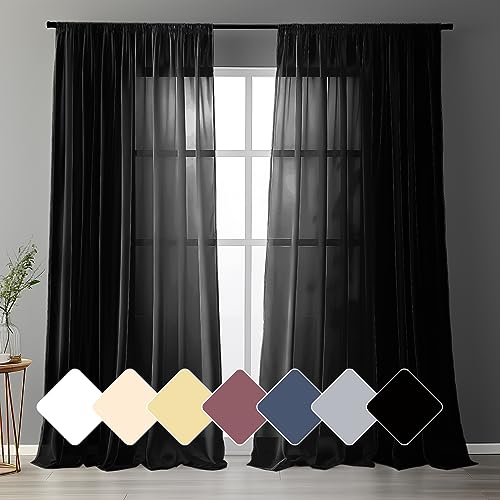 wiipara 2er Set Voile Vorhang Transparent Weiße Gardinen Vorhänge Wohnzimmer Luftig Sheer Curtains Gardine Schiebegardinen Dekoschal für Schlafzimmer Balkontür, Rod Pocket(Vorhang Schwarz,132x216CM) von wiipara