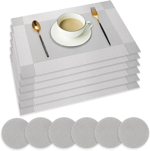 wiipara Tischsets Platzsets Abwaschbar 6er Set, PVC Tischset Silber Grau rutschfest Platzset Abwischbar, Hitzebeständige Platzdeckchen 45x30cm Tischmatte Tischset Abwaschbar für Küche Esstisch Kinder von wiipara