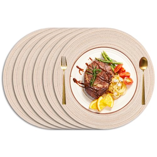 wiipara 6er Set Baumwolle Tischsets Abwaschbar, 38cm Platzsets Rund Geflochtene Platzdeckchen Platzset Rund Tischuntersetzer Platzteller Hitzebeständig für Küche Speisetisch Hochzeit - Platzset Beige von wiipara